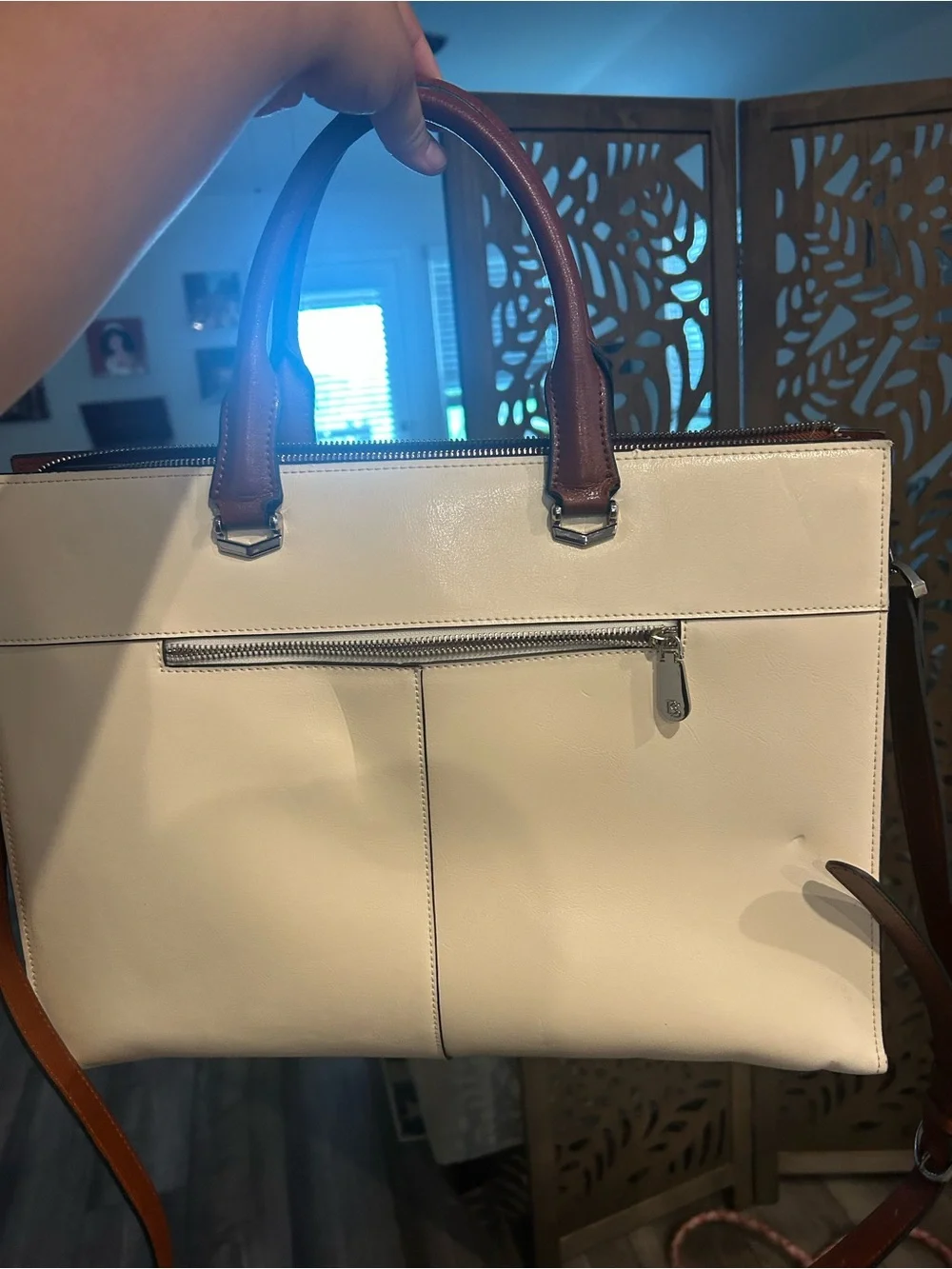 Cream and Brown Leather Briefcase Tote